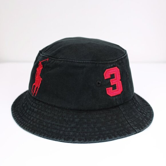 NWT POLO RALPH LAUREN WOMEN BIG PONY & #3 PATCH BEACHSIDE BUCKET HAT BLACK/RED - Picture 2 of 5